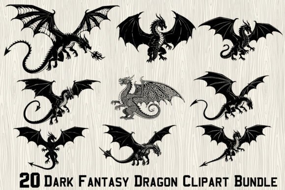 20 Dark Fantasy Dragon Clipart Bundle: Graphics & Illustrations