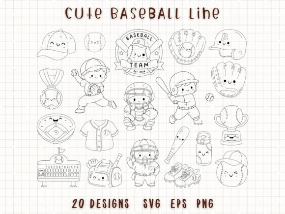 Cute Baseball Sport Line Art SVG Graphics & Illustrations
