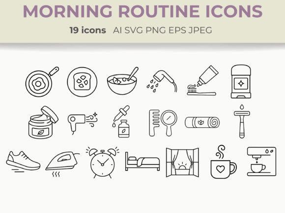 Morning Routine Line Icons Cozy SVG PNG Graphics